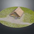Cartoon Scene Featuring Thatched Roof Cottage With Green Grassland And Dirt Path In Circular Setting