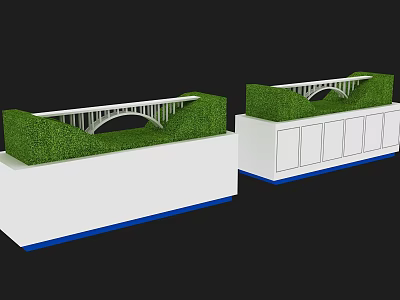 Commercial Display Equipment with White Counters Green Turf Bridge Structures Blue Edges and Cabinet Doors 3d model