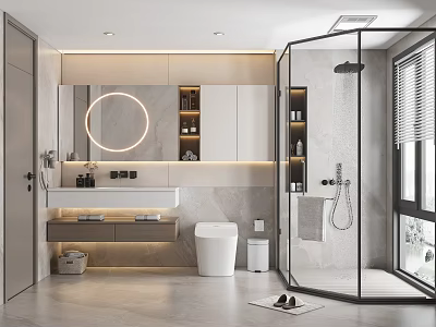 Modern Bathroom Interior Design With Round Mirror Double Sink Vanity Glass Shower And Marble Walls 3d model
