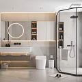Modern Bathroom Interior Design With Round Mirror Double Sink Vanity Glass Shower And Marble Walls