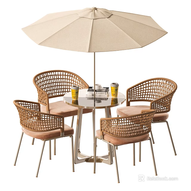 Rattan Leisure Chairs With Pink Cushions For Outdoor Patio Glass Table And Beige Umbrella 3d model 