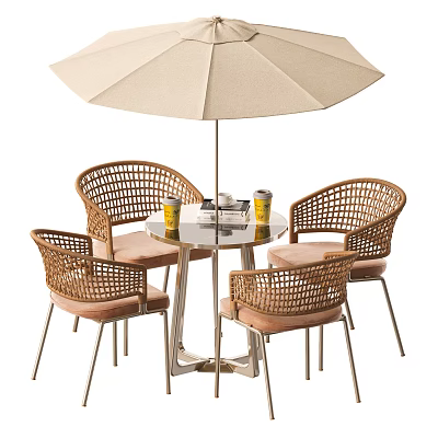 Rattan Leisure Chairs With Pink Cushions For Outdoor Patio Glass Table And Beige Umbrella 3d model