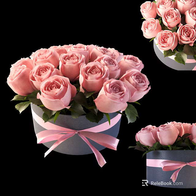Beautiful Pink Roses Arrangement in Gray Vase with Pink Ribbon and Green Leaves 3d model 