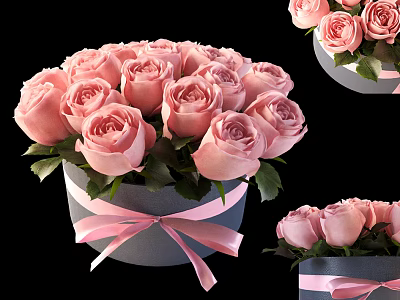 Beautiful Pink Roses Arrangement in Gray Vase with Pink Ribbon and Green Leaves 3d model