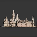 Ancient Traditional Temple Complex Model Featuring Multiple Spires Square Layout And Stone Carvings