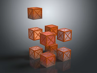 Multiple Cube Shaped Orange Cross Pattern Storage Boxes Stacked On Dark Background 3d model