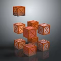 Multiple Cube Shaped Orange Cross Pattern Storage Boxes Stacked On Dark Background