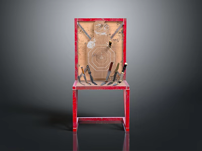 Various Knives Displayed On Red Chair Backrest With Target Pattern Design 3d model