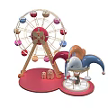 Colorful Ferris Wheel And Jester Hat Decoration With Small Toys On Red Base