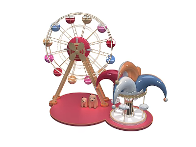 Colorful Ferris Wheel And Jester Hat Decoration With Small Toys On Red Base 3d model