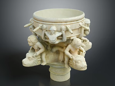 Decorative Stone Garden Ornament With Carved Figures And Animal Heads 3d model