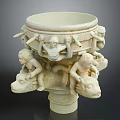 Decorative Stone Garden Ornament With Carved Figures And Animal Heads