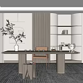 Modern Tea Room Interior With Long Wooden Table Chair Vase Plant And Bookshelf