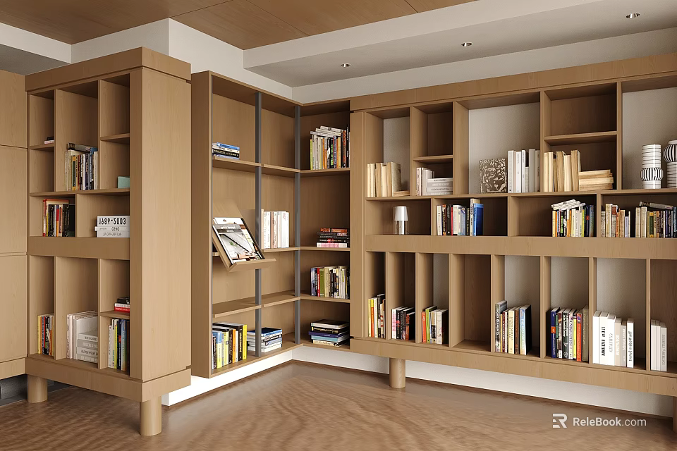 Modern Open Wooden Bookcase Interior Design With Multiple Shelves And Books 3d model