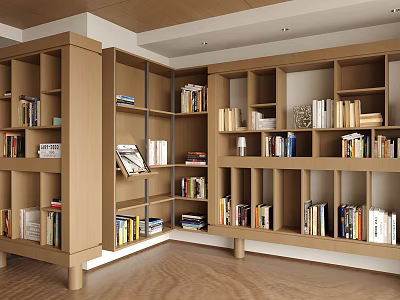 Modern Open Wooden Bookcase Interior Design With Multiple Shelves And Books 3d model