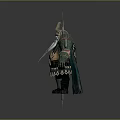 3D Model Of Woman Warrior Wearing Green Armor With Spiked Helmet And Weapon