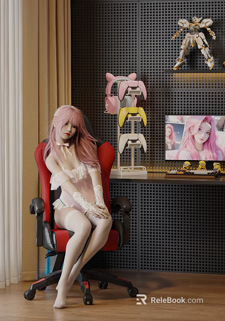 Stylish Entertainment Room With Red Chair Pink Haired Figure Headphones Monitor And Yellow Duck Figurines 3d model 