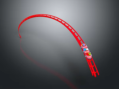 Red Roller Coaster Track With Small Car Moving Along Curved Rail 3d model