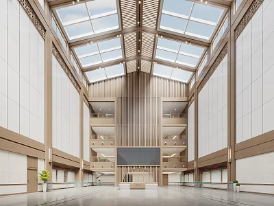 Spacious Modern Hotel Lobby Interior Design With High Ceiling Skylights Wooden Accents And Reception Desk 3d model