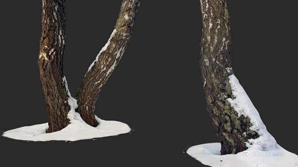 Wooden Tree Trunks With Curved Shape And Snow Covered Bark In Natural Winter Scene 3d model 