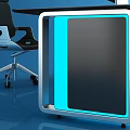 Modern Console Desks With Multiple Monitor Screens Office Chair And Blue Lighting