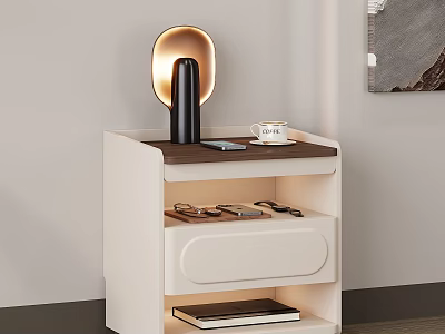 Modern White Nightstand With Wooden Top Table Lamp Mug Phone And Shelf Items 3d model
