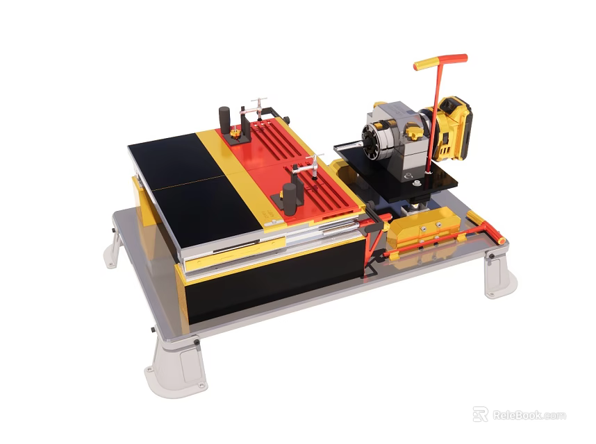 Industrial Tabletop Cutting Equipment With Black Yellow Workbench Red Adjustment Lever And Clamping Fixture 3d model 