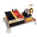 Industrial Tabletop Cutting Equipment With Black Yellow Workbench Red Adjustment Lever And Clamping Fixture