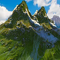 Lush Mountainous Garden Landscape With Green Slopes And Snowy Peaks