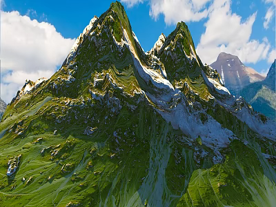 Lush Mountainous Garden Landscape With Green Slopes And Snowy Peaks 3d model