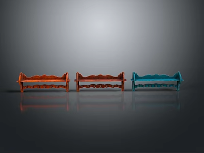 Three Red Orange Blue Benches Side By Side Arranged Against Gray Background With Reflective Floor 3d model