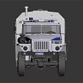 White Functional Emergency Vehicle With Blue Stripes Roof Lights And Off Road Tires