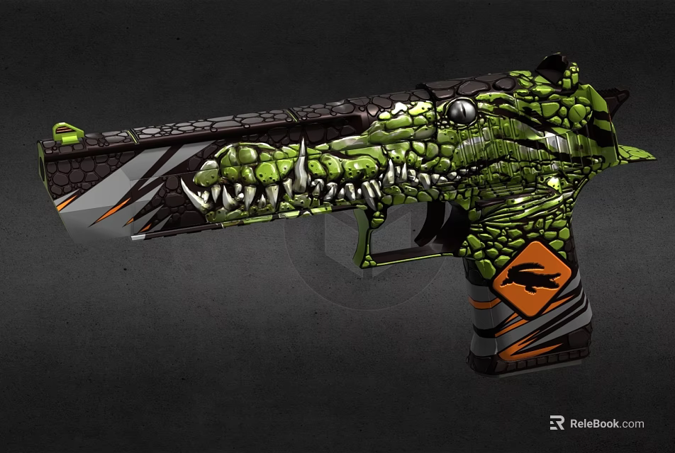 Decorative Gun Design With Crocodile Pattern Green Black Orange Textured Details 3d model 