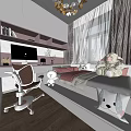 Modern Tatami Bedroom Interior Design With Desk Computer Bookshelf And Pink Bedding