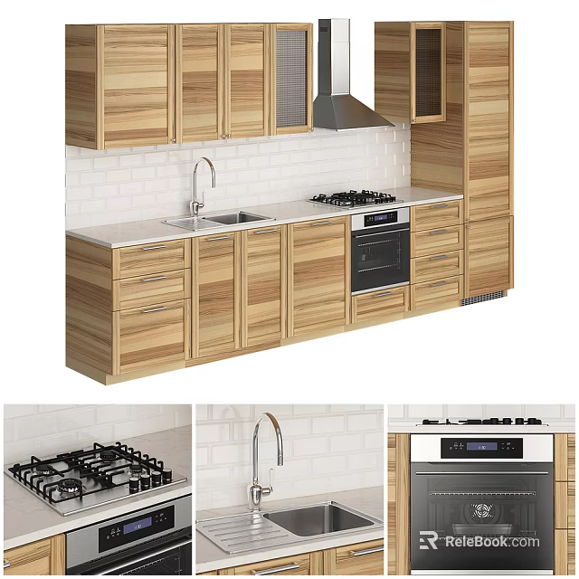 Modern Kitchen With Wooden Cabinets White Tile Backsplash Gas Stove Sink And Oven 3d model 