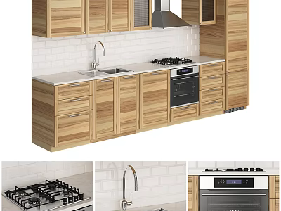 Modern Kitchen With Wooden Cabinets White Tile Backsplash Gas Stove Sink And Oven 3d model