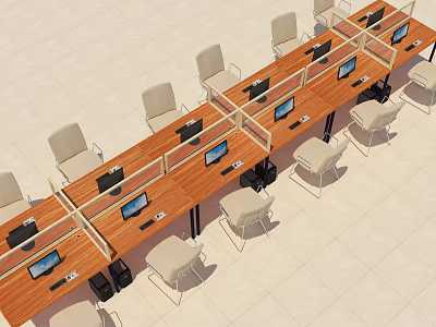 Modern Office Workspace Featuring Multiple Office Desks With Dividers Computers And Chairs 3d model