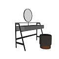 Modern Dressing Table With Black Metal Frame Gray Tabletop Round Mirror And Stool 3d model