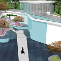 Modern Pergola in Courtyard with Stone Pathway Steps Water Feature and Green Trees