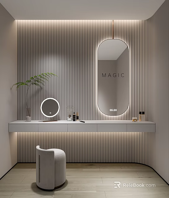 Modern Dressing Table with Striped Wall Oval Mirror LED Light White Countertop and Potted Plant 3d model 