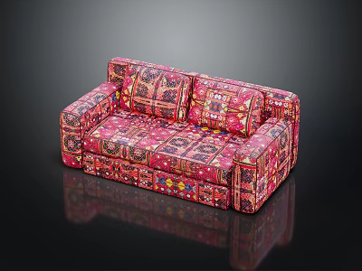 Pink Sectional Sofa With Vibrant Colorful Patterns And Bohemian Design Details 3d model
