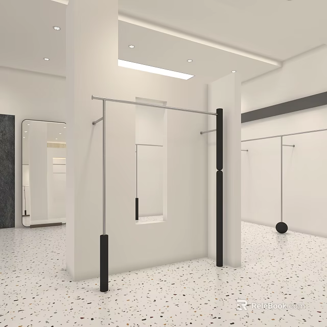 Modern Minimalist Clothing Store Interior With Metal Racks Mirrors And White Speckled Flooring 3d model 