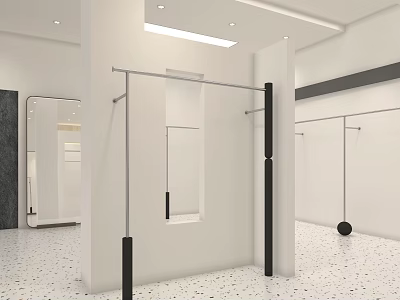 Modern Minimalist Clothing Store Interior With Metal Racks Mirrors And White Speckled Flooring 3d model