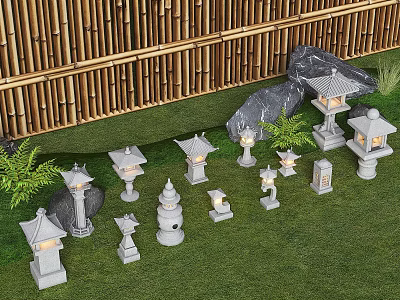 Various Stone Lanterns Arranged On Grass With Bamboo Fence And Rocks 3d model