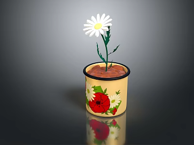 Yellow Flower Pot With Floral Patterns Holding White Daisy Plant With Green Stem And Leaves 3d model