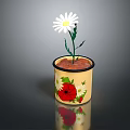 Yellow Flower Pot With Floral Patterns Holding White Daisy Plant With Green Stem And Leaves