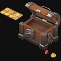 Open Wooden Treasure Chest With Metal Accents And Gold Coins Alongside Red Gemstone