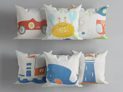 Colorful Kids Throw Pillows With Cartoon Car Crab Owl Train Lighthouse Patterns 3d model