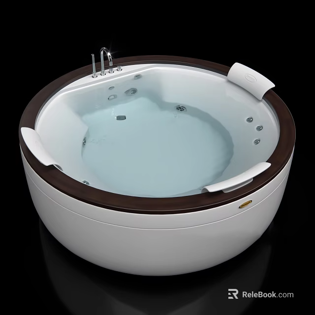 Circular Bathtub with White Body Brown Rim Faucet and Massage Jets Design 3d model 