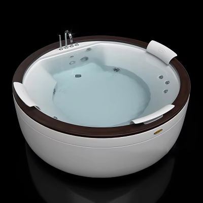 Circular Bathtub with White Body Brown Rim Faucet and Massage Jets Design 3d model